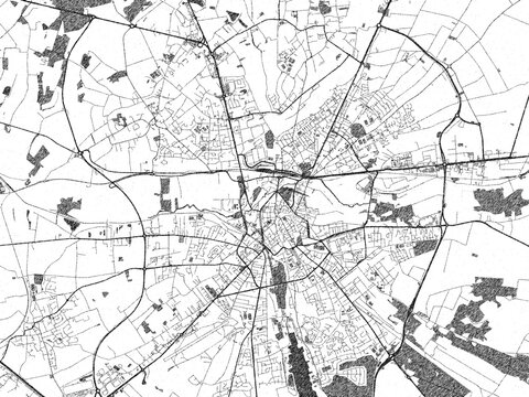 Stylized black and white urban map of Bourges, France, hand-drawn for decor and creative use.