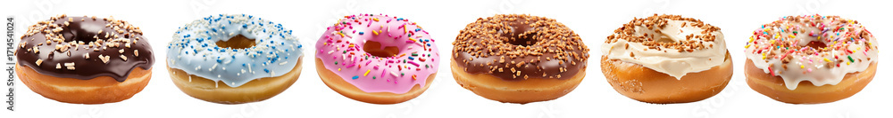Poster png colorful assorted frosted donuts, element set on transparent background