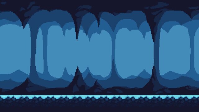 Looped pixel art animation of a frozen cave with stalactites and underground rocks. Cold parallax scrolling background for retro 2D side scroller games and fantasy adventures.
