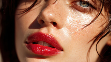 Fototapeta premium Close up portrait of woman showcasing radiant skin and glossy red lips, highlighting natural beauty and confidence. soft lighting enhances her features, creating inviting and warm atmosphere