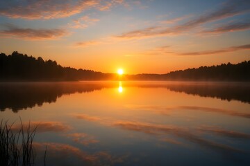 Fototapeta premium Sunrise Over Calm Lake ​The sun rises over a tranquil lake, casting a golden reflection on the still water.