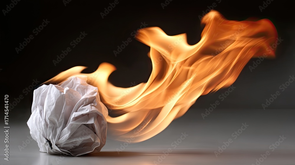 Poster crumpled paper ball ignited in flames creating a dramatic visual of fire and motion in a dark settin