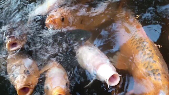 hungry koi fish in the pond