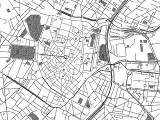 Illustrated city map of Montpellier Centre, France, in black and white, showing roads and textures.