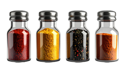 Four spice jars filled with different colored spices