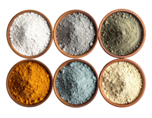 Six bowls of various colored powders