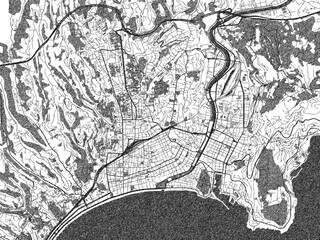 Naklejka premium Black and white cartographic illustration of Nice, France, in hand-drawn sketch form.
