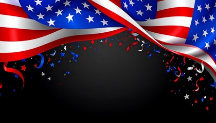 A festive patriotic design, featuring the American flag waving elegantly, surrounded by celebratory confetti and ribbons in red, white, and blue, set against a dramatic black background.