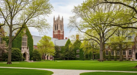 Historic University Campus Architecture and Lush Green Landscape in Spring