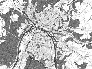 Fototapeta premium Poster-ready monochrome city map of Rouen, France, with detailed streets and rivers.