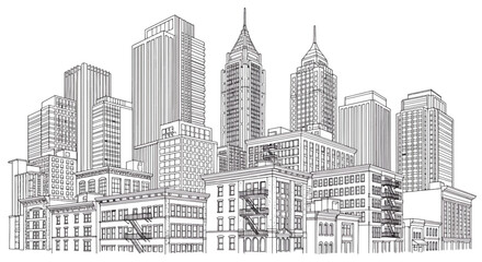 Naklejka premium Monochrome city skyline drawing with detailed skyscrapers and architectural elements, urban sketch illustration.