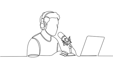 Man wearing headphones using microphone while working on laptop - Concept of Simple continuous line drawing  