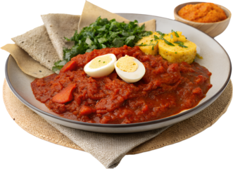 A plate of Ethiopian injera topped with doro wat, vibrant red stew with a boiled egg, isolated on transparent background, photorealistic style.