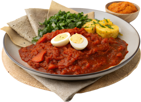 A plate of Ethiopian injera topped with doro wat, vibrant red stew with a boiled egg, isolated on transparent background, photorealistic style.