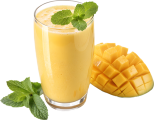 A glass of Thai nam dok mai mango lassi, golden with a mint sprig, on transparent background, creamy tropical realism.