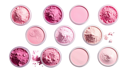 Array of various shades of pink powder in round containers