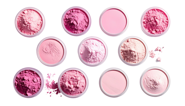 Array of various shades of pink powder in round containers