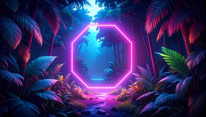 Neon octagon framed jungle path