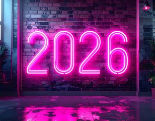 Neon pink 2026 on brick wall