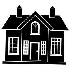 Simple black and white illustration of a classic house with chimney