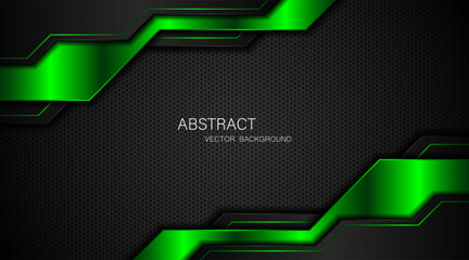 Abstract black and green polygon with green glow lines on dark steel mesh background with free space for design. modern technology innovation concept background	