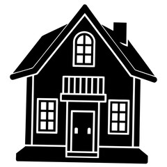 Simple black and white house illustration with a chimney and front door