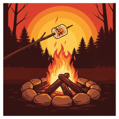campfire roasting marshmallow sunset forest scene
