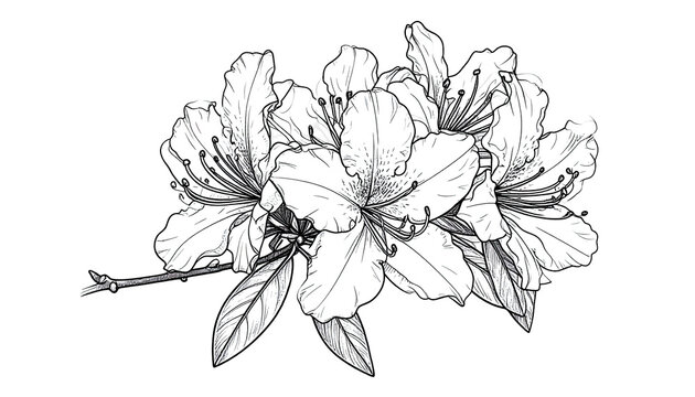 Detailed black and white line drawing of azalea flowers