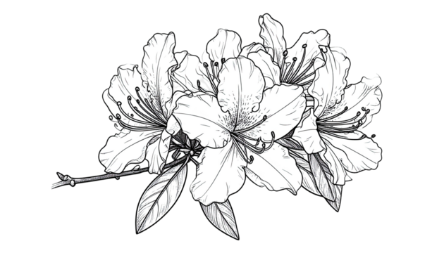 Detailed black and white line drawing of azalea flowers