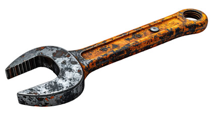 Rusty adjustable wrench on black background