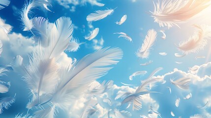 White feathers float gently in bright blue sky, sunlight radiating through fluffy clouds.