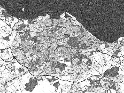 Stylized decorative city map of Edinburgh, United Kingdom, hand-drawn in black and white.
