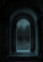 Gothic Doorway to Misty Forest, dark fantasy portal or magic entrance to a spooky, enchanted woods at night. © sxcd