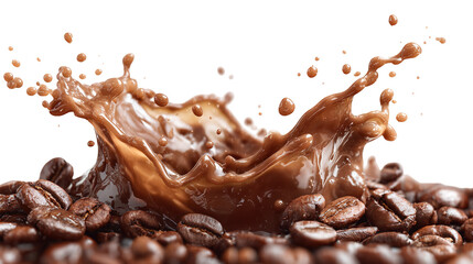 Coffee beans and splash of drink on brown gradient background