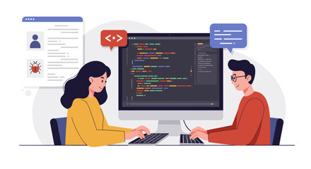 Collaborative programming scene with two developers in flat vector illustration for tech and education design