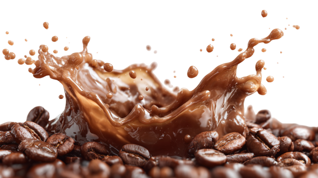 Coffee beans and splash of drink on brown gradient background