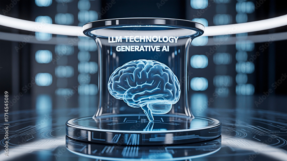 Poster a detailed 3d rendered image of an llm technology powered ai brain.
