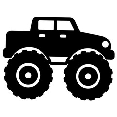 Simple black and white illustration of a large monster truck vehicle