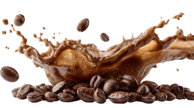 Coffee beans and splash of drink on brown gradient background