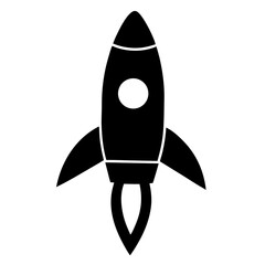 Simple black and white illustration depicting a classic rocket ship design