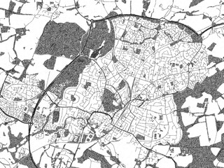 Minimalist monochrome city map of Horsham, United Kingdom, illustrated with urban detail.