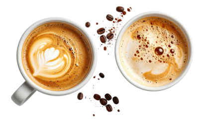 Two coffee cups, latte art, coffee beans
