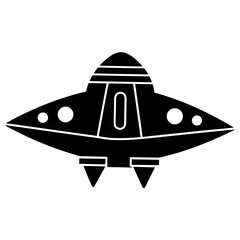 A simple black and white illustration of a classic flying saucer design