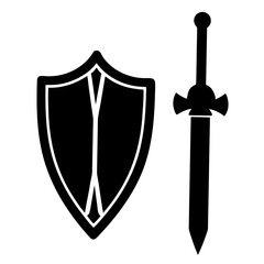 A black and white illustration depicting a medieval shield and sword