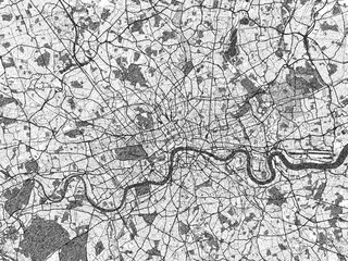 Poster-ready monochrome city map of London, United Kingdom, with detailed streets and rivers.