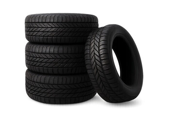 Stack of car tires with one tire leaning against it isolated on transparent background