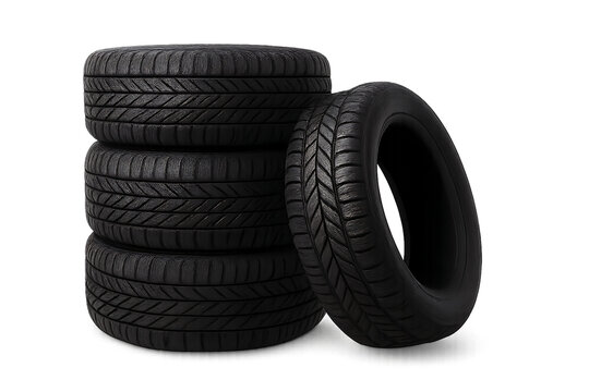 Stack of car tires with one tire leaning against it isolated on transparent background