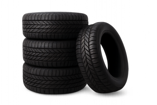 Stack of car tires with one tire leaning against it isolated on transparent background