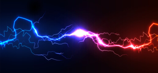 Blue red lightning clash with bright energy spark, neon plasma arcs on dark background. Dynamic tech banner for gaming, sci-fi poster, web cover, wallpaper. Vector illustration © artyway