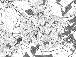 Black and white illustrated map of Mansfield, United Kingdom, with streets, rivers, and neighborhoods.